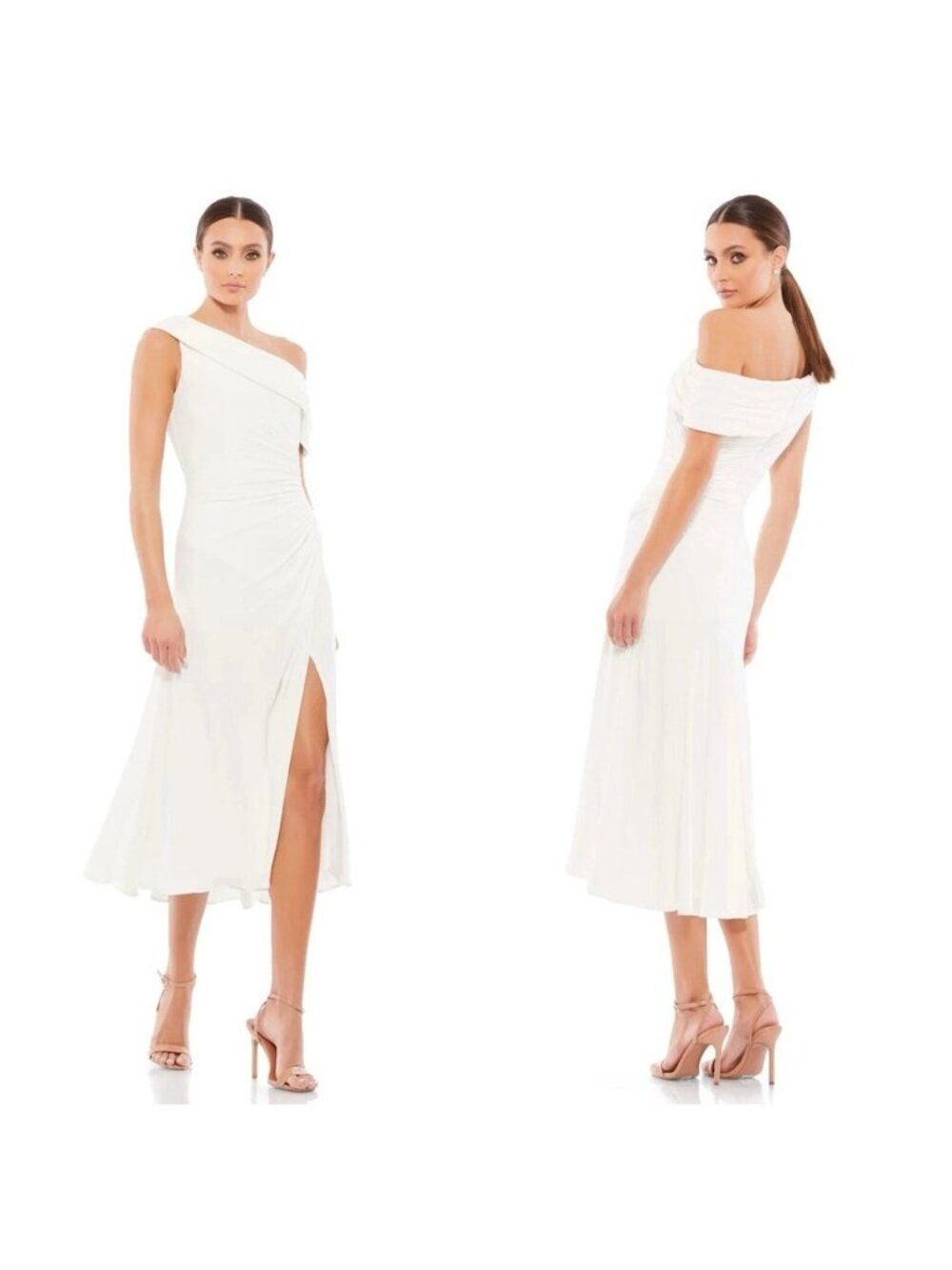 Mac Duggal Women’s White Foldover Off-Shoulder Slit Gown Dress Size 12